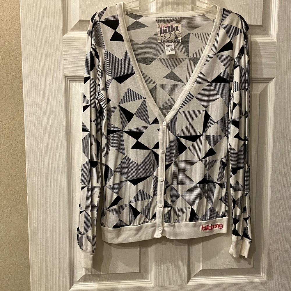Billabong Black & White Geometric V-Neck Button Cardigan